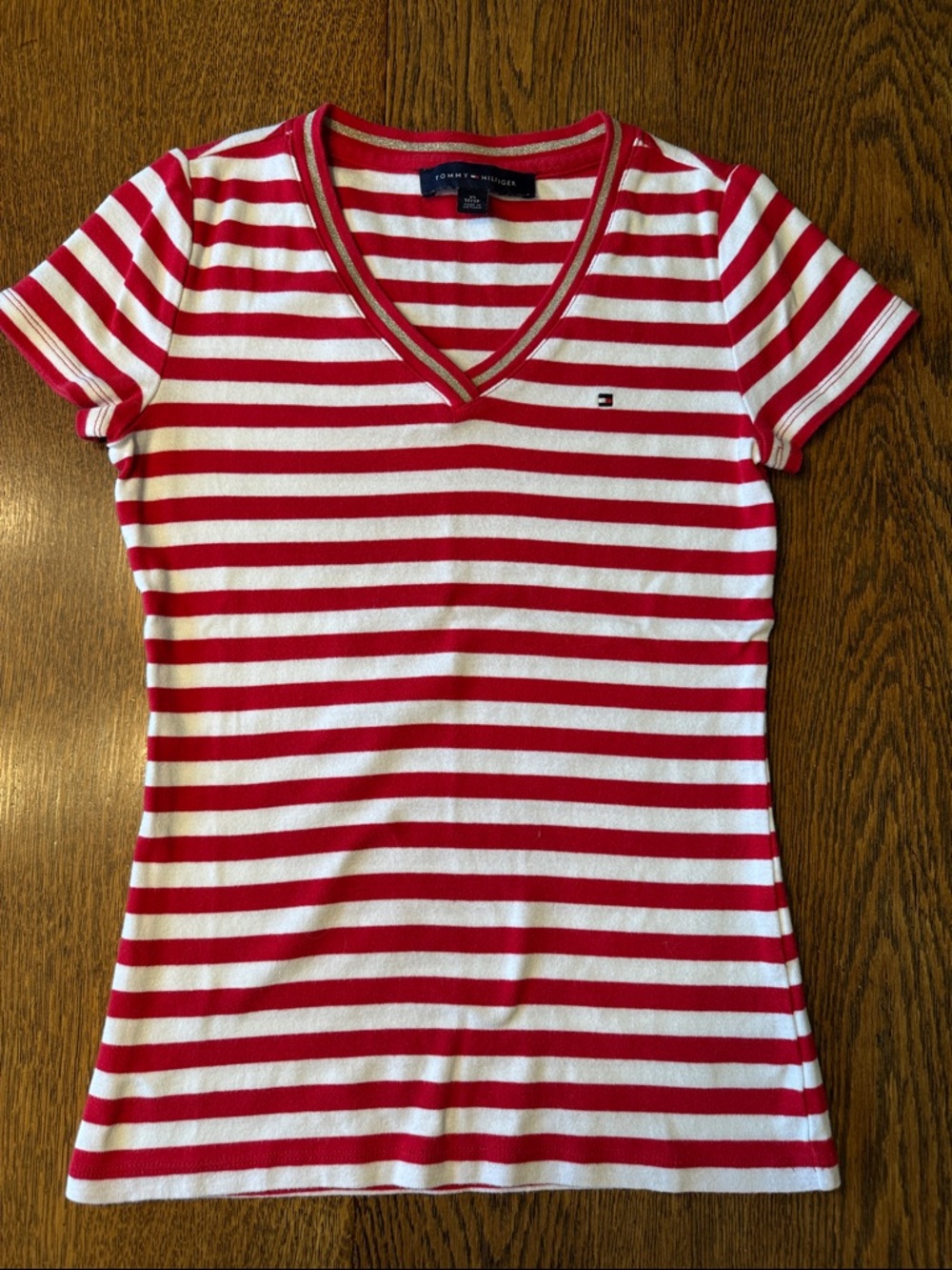 Tommy Hilfiger White & Red Striped V-Neck Tee, XS